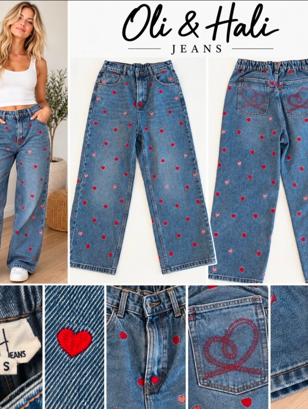 Oli & Hali Women's Blue Straight-Leg Denim Jeans with Red Heart Print Sz S
